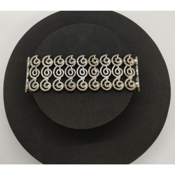 Silver Tone 3 Row Bracelet - Spirals - Stretchy - Picture 3 of 5